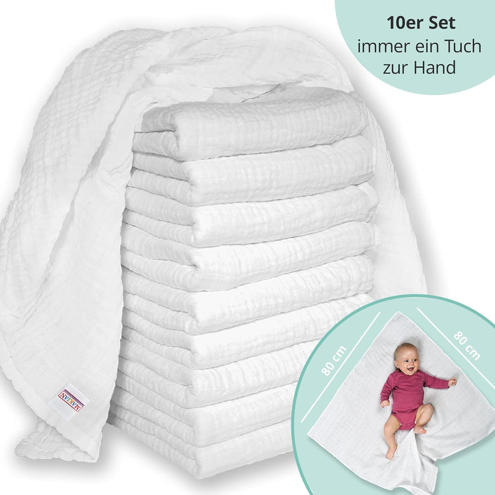 MAKIAN Muslin Squares, Pakke med 10, 80x80 cm, Oeko-TEX® Standard 100 Certified, 10 Premium Burp Cloths - Dobbeltvævede Stof Firkanter / Muslin Squares, Kog resistent - Hvid