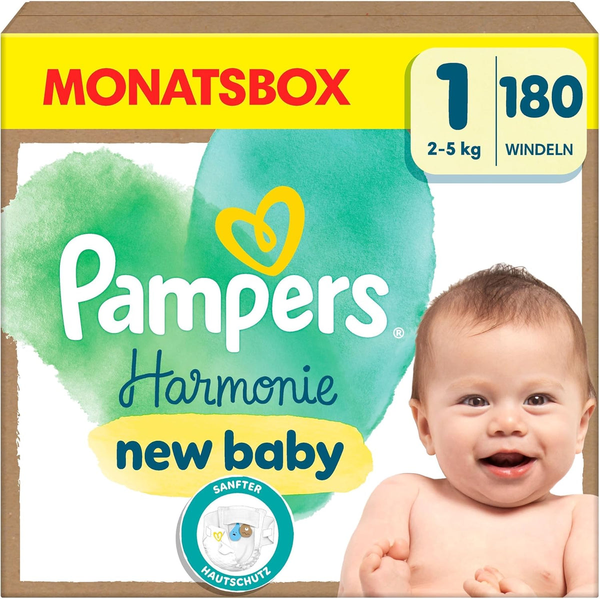 Pampers Harmony bleer størrelse 1, 180 bleer, 2kg-5kg, skånsom hudbeskyttelse med 100% Pampers beskyttelse