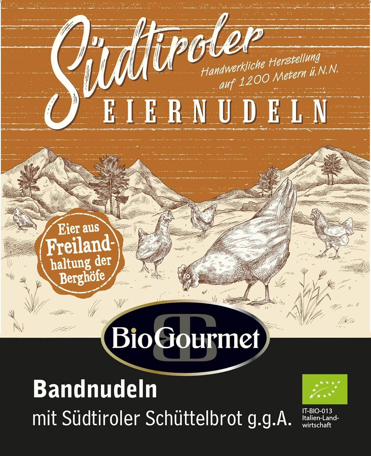 BioGourmet båndnudler med Schüttelbrot fra Sydtyrol (BGB) | Saltede ægnudler med smag og ægte pletter fra Sydtyrol | 1 x 250g Bio