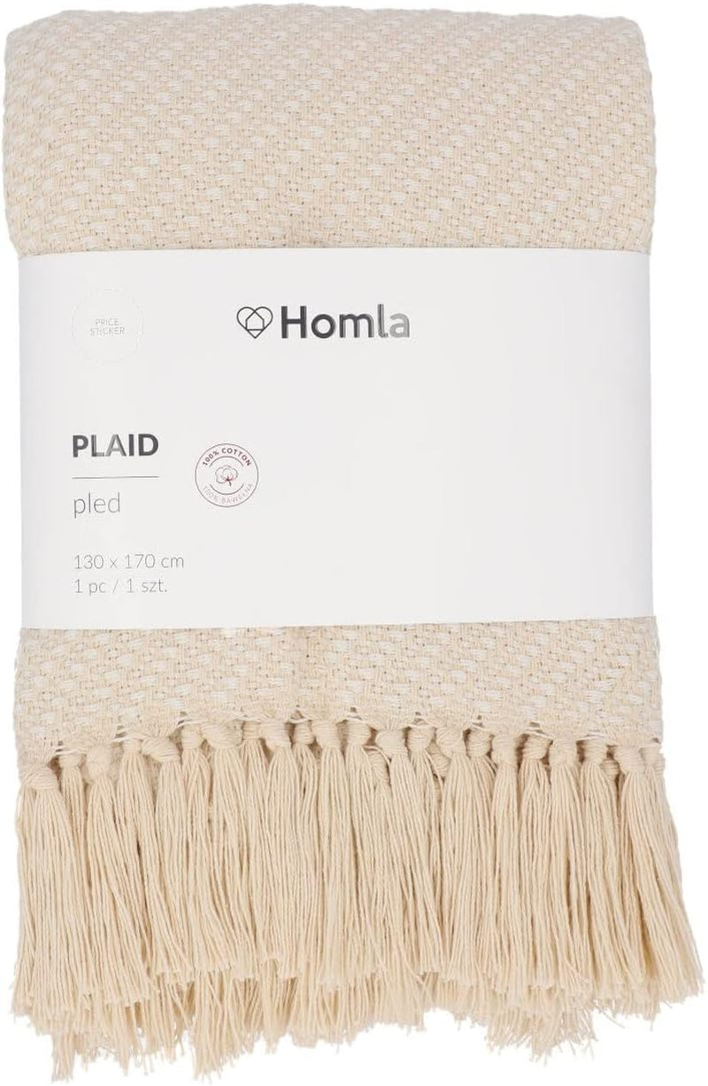 HOMLA Morris Plaid bomuldstæppe med frynser - Blødt og behageligt tæppe Bomuldstæppe - fint stof 130 X 170 Cm Ecru senge og tæpper Besuche den HOMLA-Store