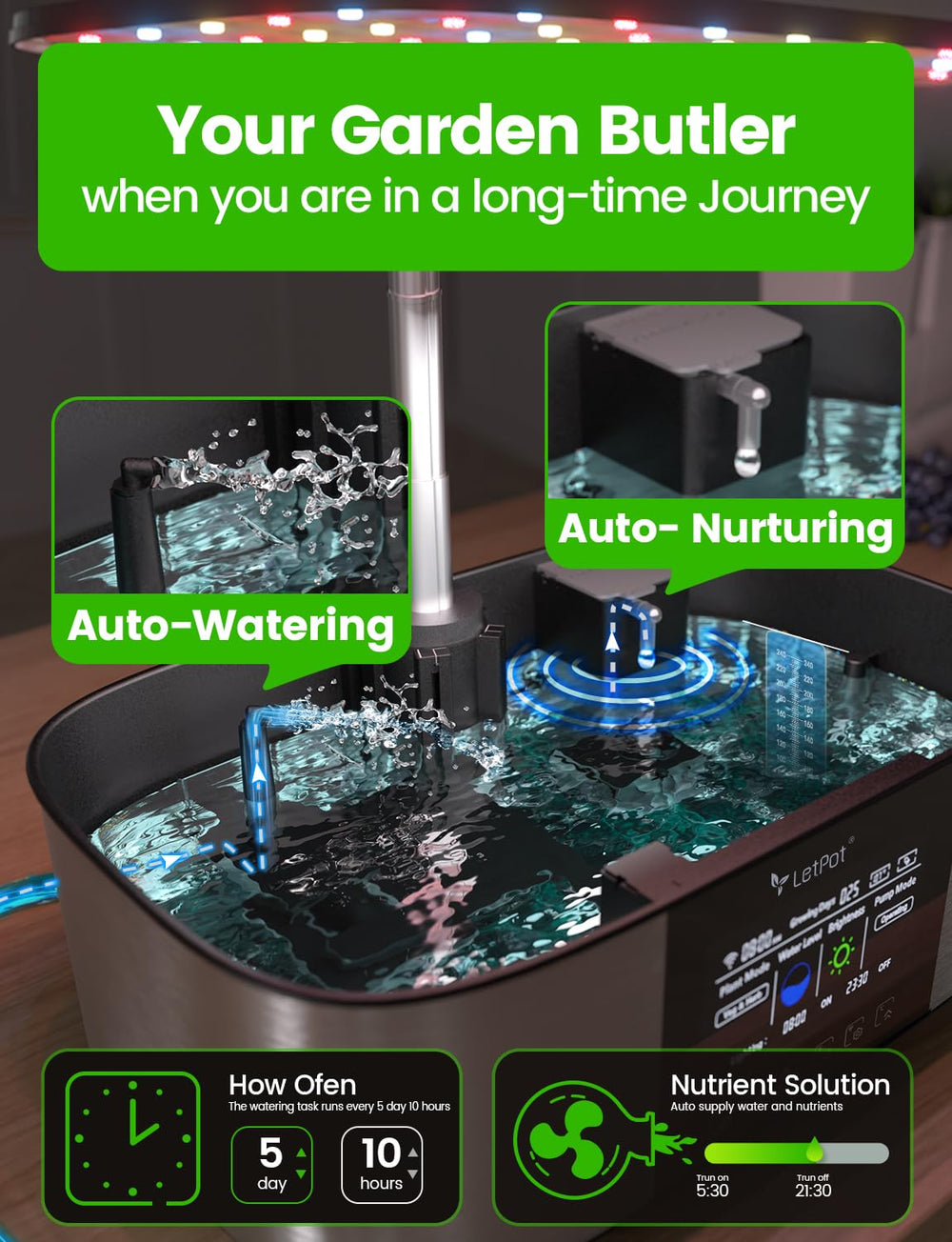 LPH-Max Hydroponic Grow System Kit, 21 kapsler, app og WiFi, automatisk styret, smart indendørs have med 36W LED-lys, automatisk drypvandingskit, selvstyret pleje