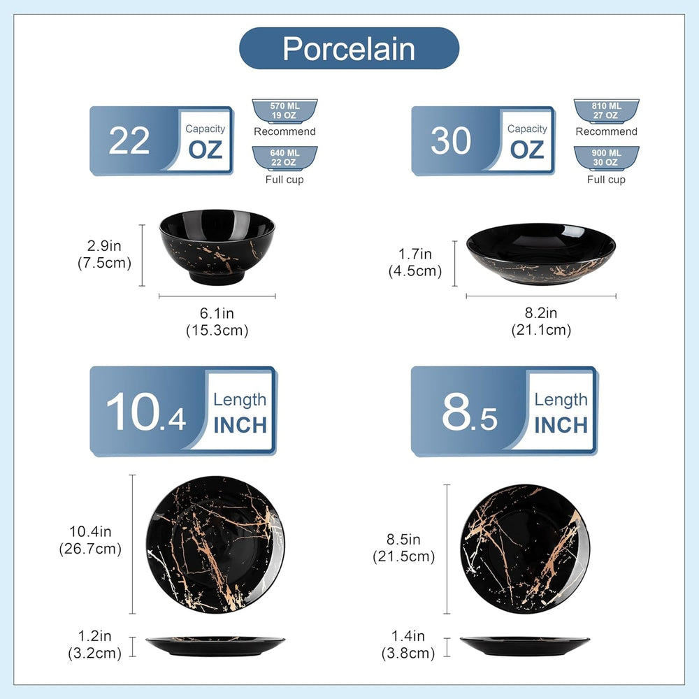 Set de veselă din porțelan LOVECASA, seria Daphne, set combinat SWEET cu 24 de piese, set de veselă cu design auriu, farfurii de cină, farfurii de desert, boluri pentru cereale și farfurii de sumă pentru 6 persoane