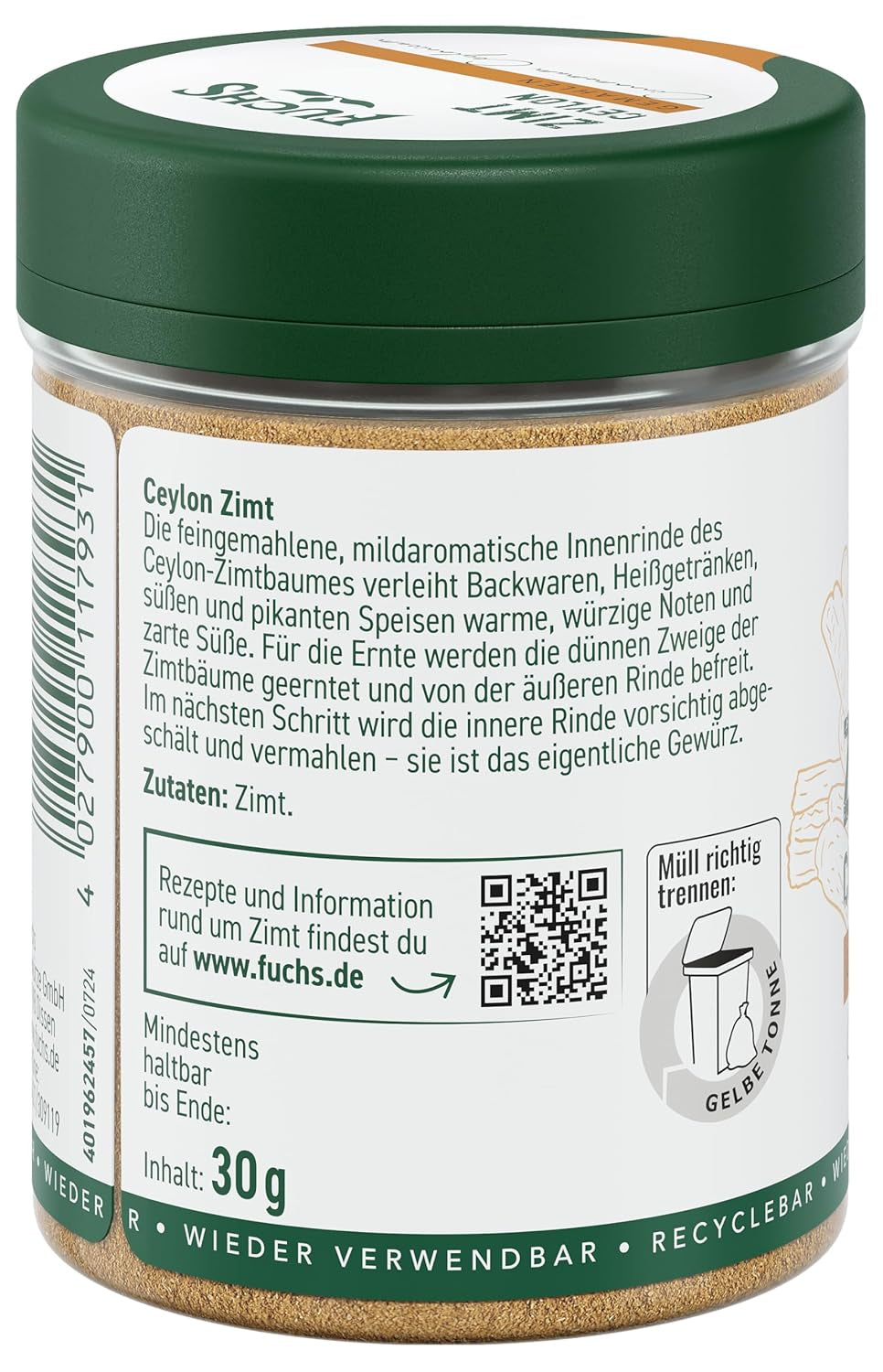 Fuchs Gewürze - Zimt Ceylon gemahlen | Aus natürliche Ingrediens | 30 g i wiederverwendbarer, genbrugsbarer Streudose