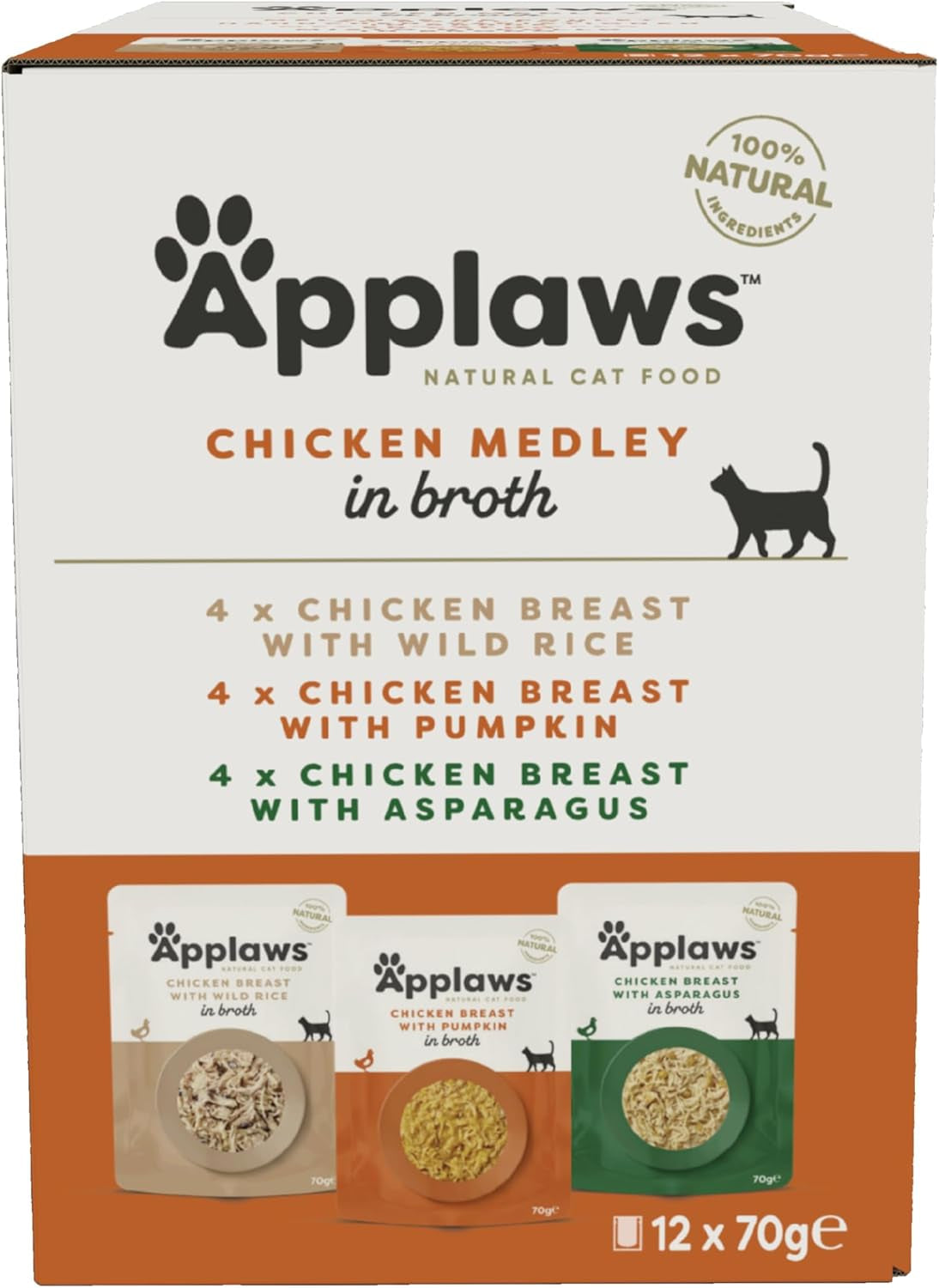 Applaws Premium Natural Pisici Hrană Umedă, Selecție de Pui în Supă 70g Pliculețe Porționate (12x70g)