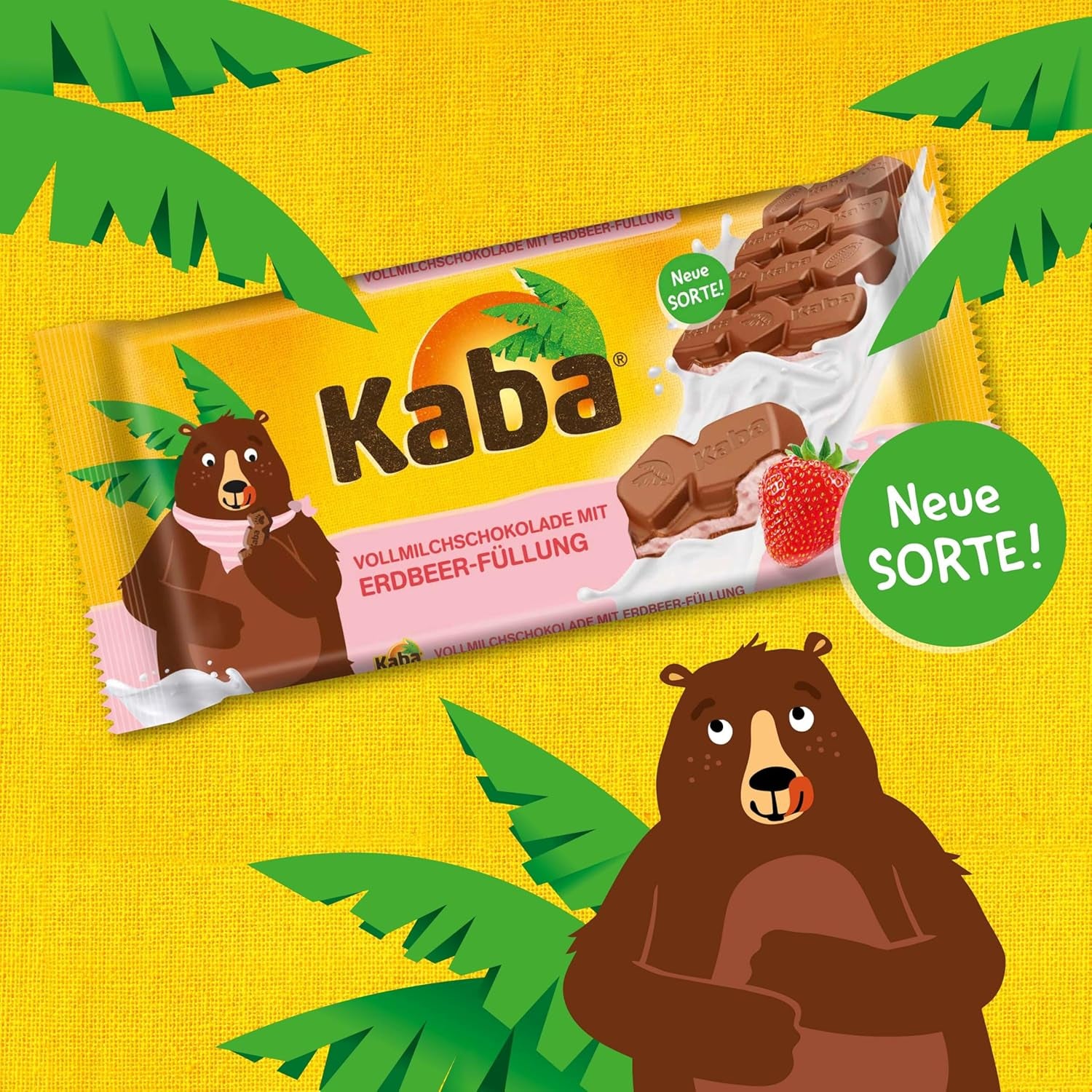 Kaba mælkechokolade med jordbærcreme, fyldt chokoladebar, 90 g bar, smelte-i-mund-chokolade med jordbærcreme og original Kaba-smag (pakke med 2)