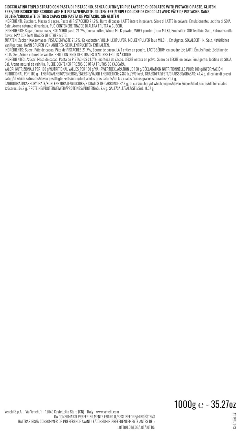 Venchi – Cremino mørk chokolade med pistacie, praliner i en 1 kg pose, med mørk chokolade og hel pistacie, glutenfri, farvefri og uden konserveringsmidler