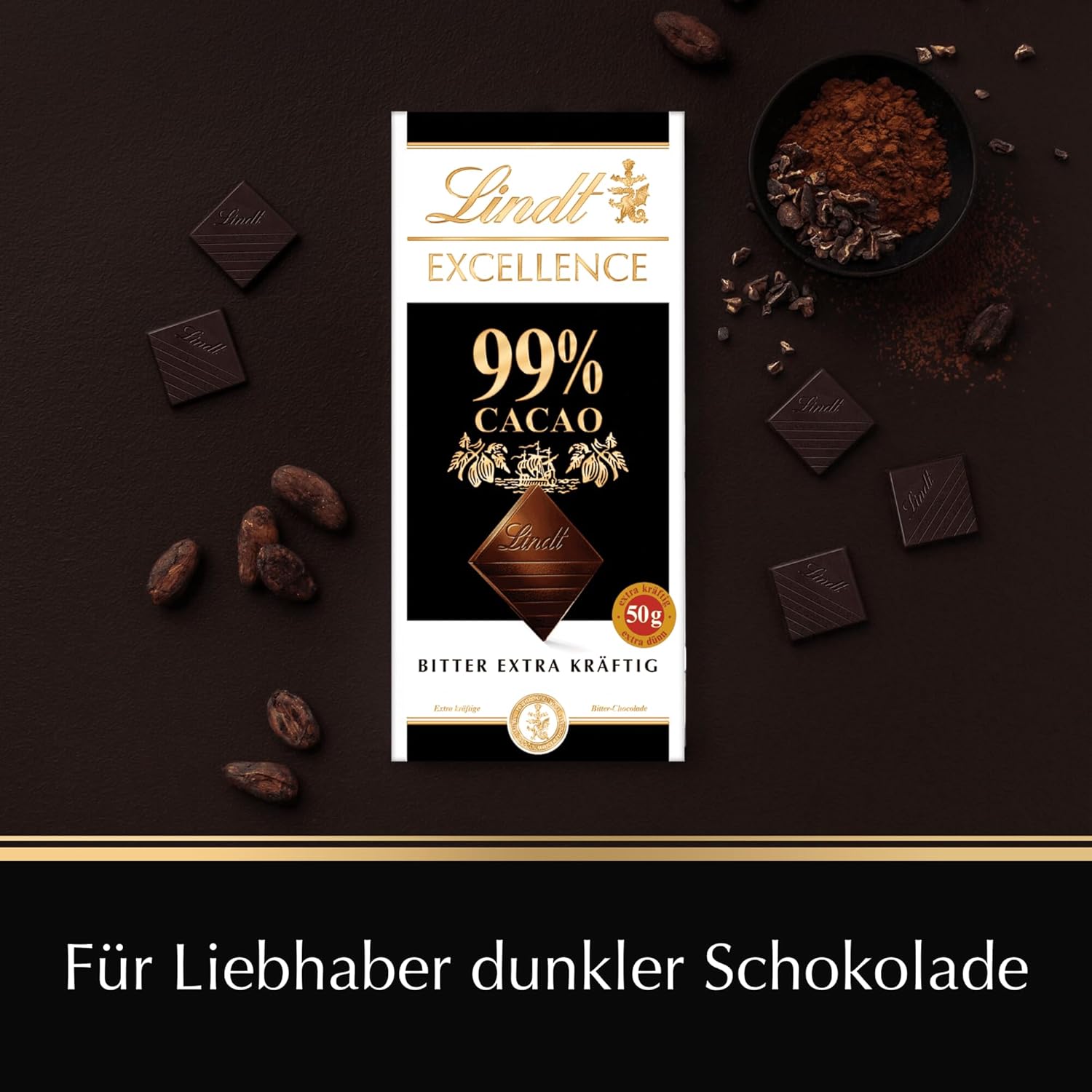 Lindt EXCELLENCE 99% mørk chokoladebar - intens kakaosmag 50 g vegansk premium