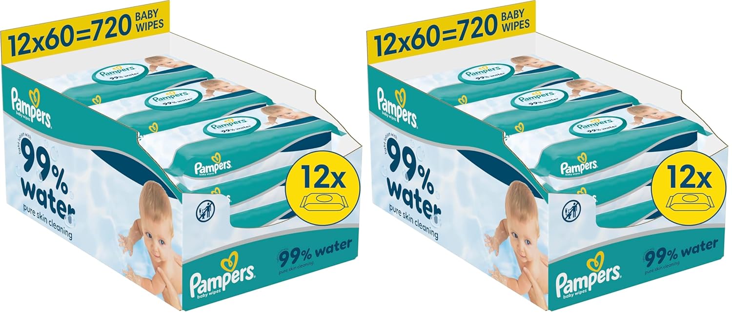 Pampers 99% vand babyservietter, 12 pakker med 60 servietter hver = 720 babyservietter, let lotion 99% vand