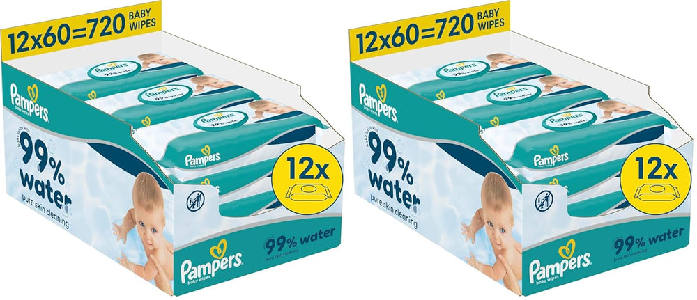 Pampers 99% vand babyservietter, 12 pakker med 60 servietter hver = 720 babyservietter, let lotion 99% vand