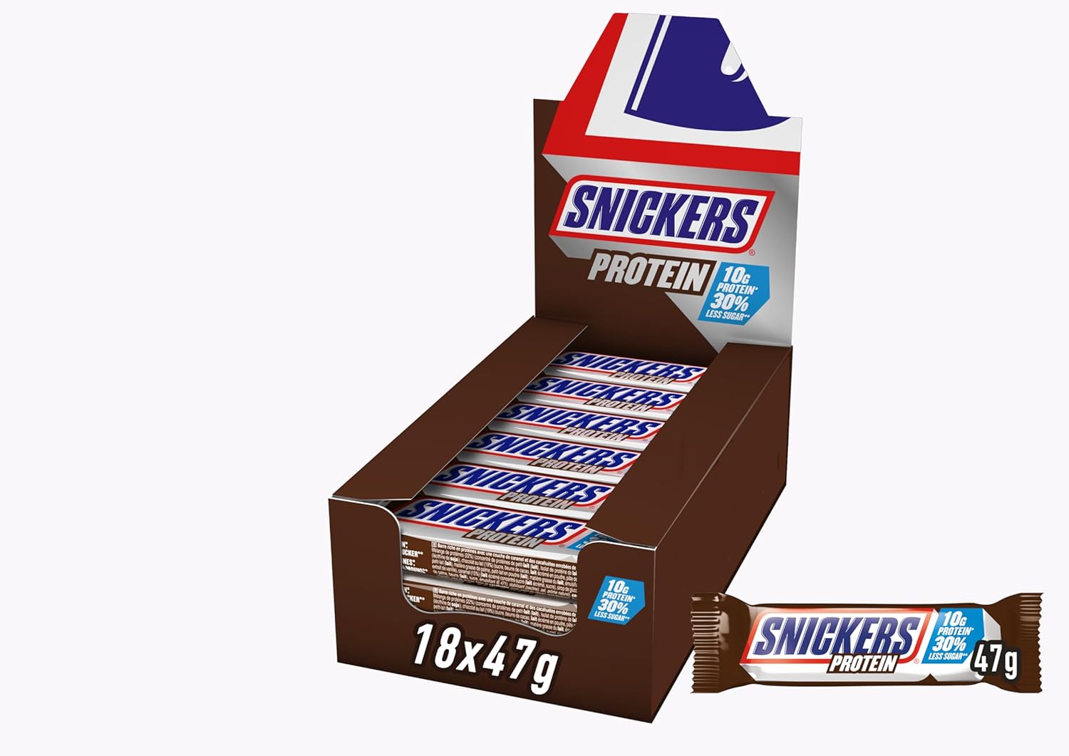 Snickers chokoladeproteinbarer - rig smag med karamelhasselnødder og nougat, bulkpakke 18x47g