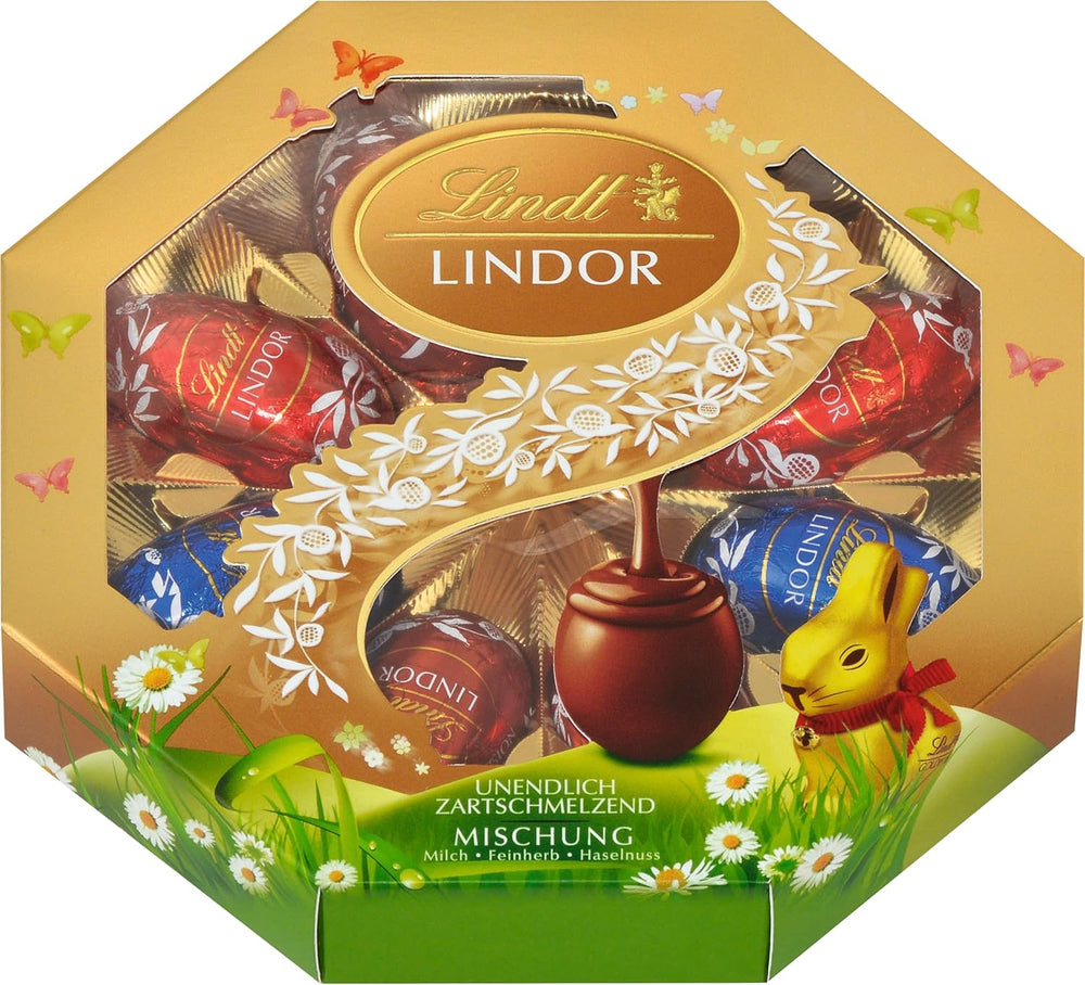 Påskemix Lindt Chokolade LINDOR | Æske 144g | LINDOR æg, der smelter i munden i tre varianter: Mælkechokolade, Mørk chokolade, Hasselnød | Påskechokolade | Gave af chokolade | 1 pakke