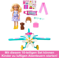Păpușă Barbie Chelsea Avion și Set de Joacă - Păpușă Pilot, Avion, Cățeluș și Accesorii pentru Povestiri, Roți Rotitoare și Elice în Formă de Floare, Vârste 3+, HTK38