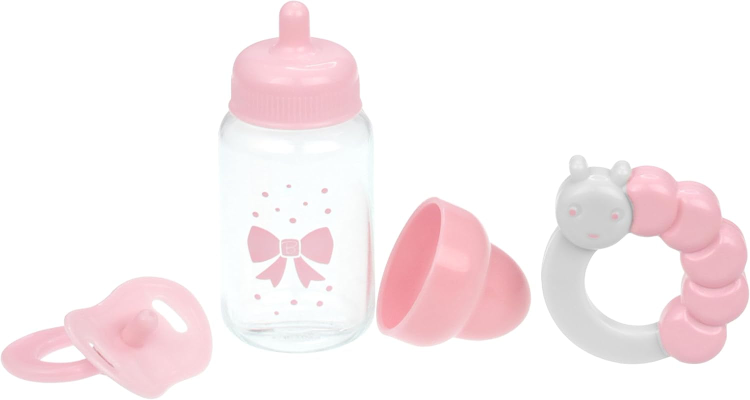 JC Toys- Set de 3 accesorios para muñecas (biberón, chupete y sonajero), rosa y Blanco, se adapta a todas las muñecas de Hasta 50 cm, +2 años