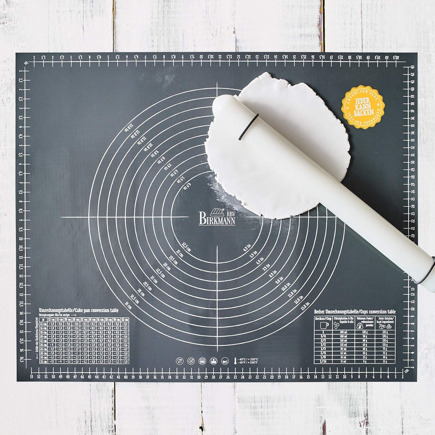 Easy Baking, Ausrollstab, 40 cm, hvid, mit Distansringen fra Silikon, fra lebensmittelechtem Kunststoff