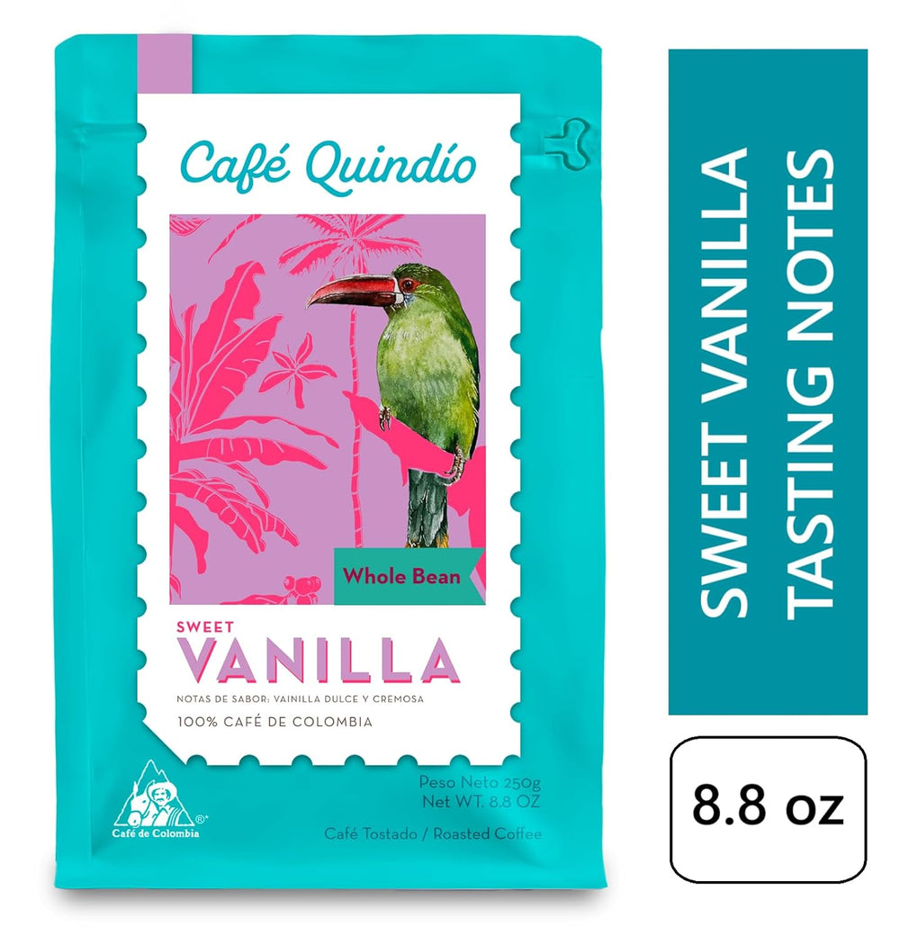 Cafe Quindio Specialty Coffee - boabe de cafea 100% Arabica, Columbia - cu note naturale de vanilie dulce (250g) - ideală pentru cafea filtrată, aparate portafilter sau presă franceză