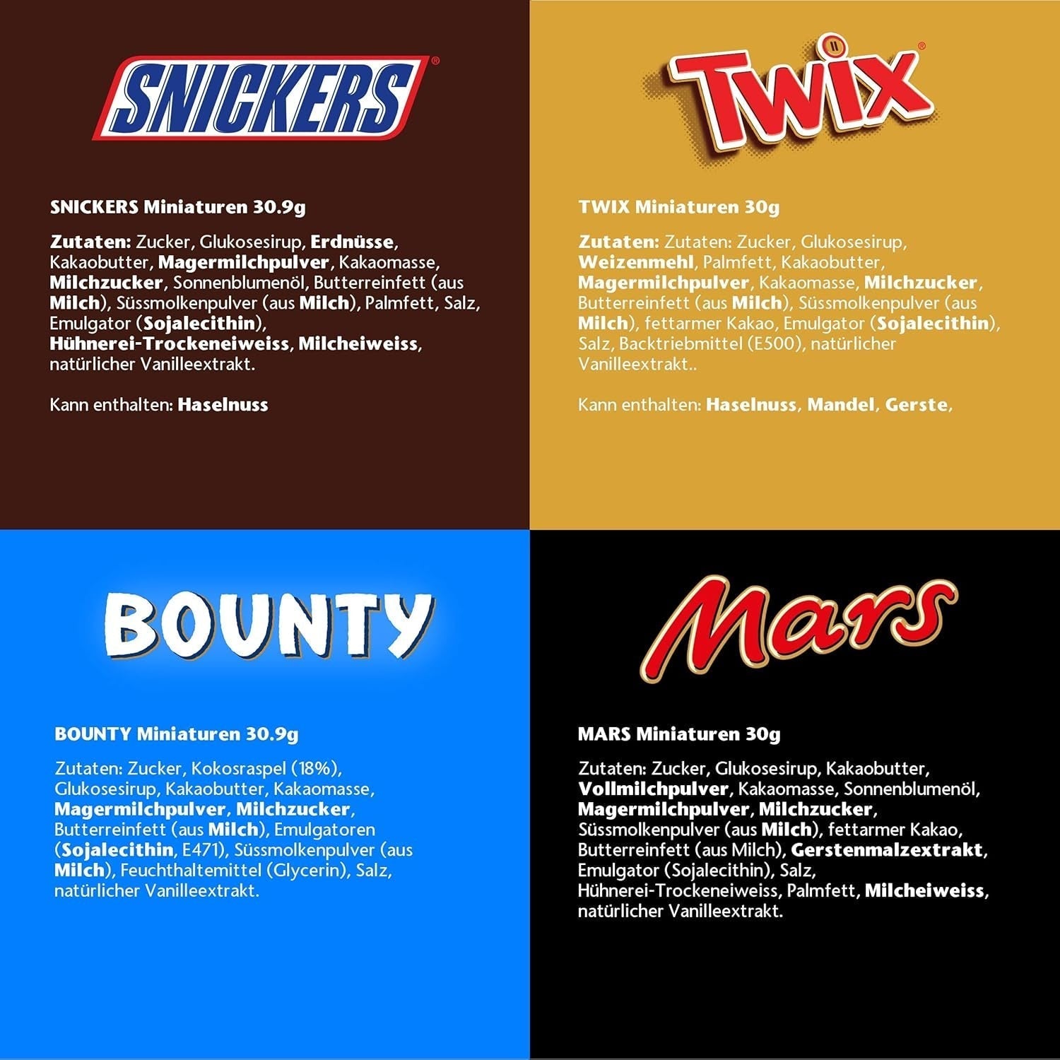 Blanding af miniaturer, Mars, Snickers, Bounty & Twix, Klassiske barer i miniformat, 296 barer, 3 kg chokolade slik Naty Shop