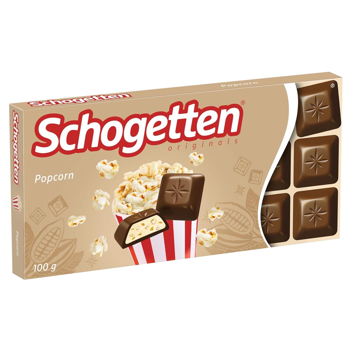 Schogetten popcorn 1 chokoladebar x 100g, mælkechokolade med popcorn og majsstykker, praktiske enkeltstykker. En delikatesse. Stykke for stykke.