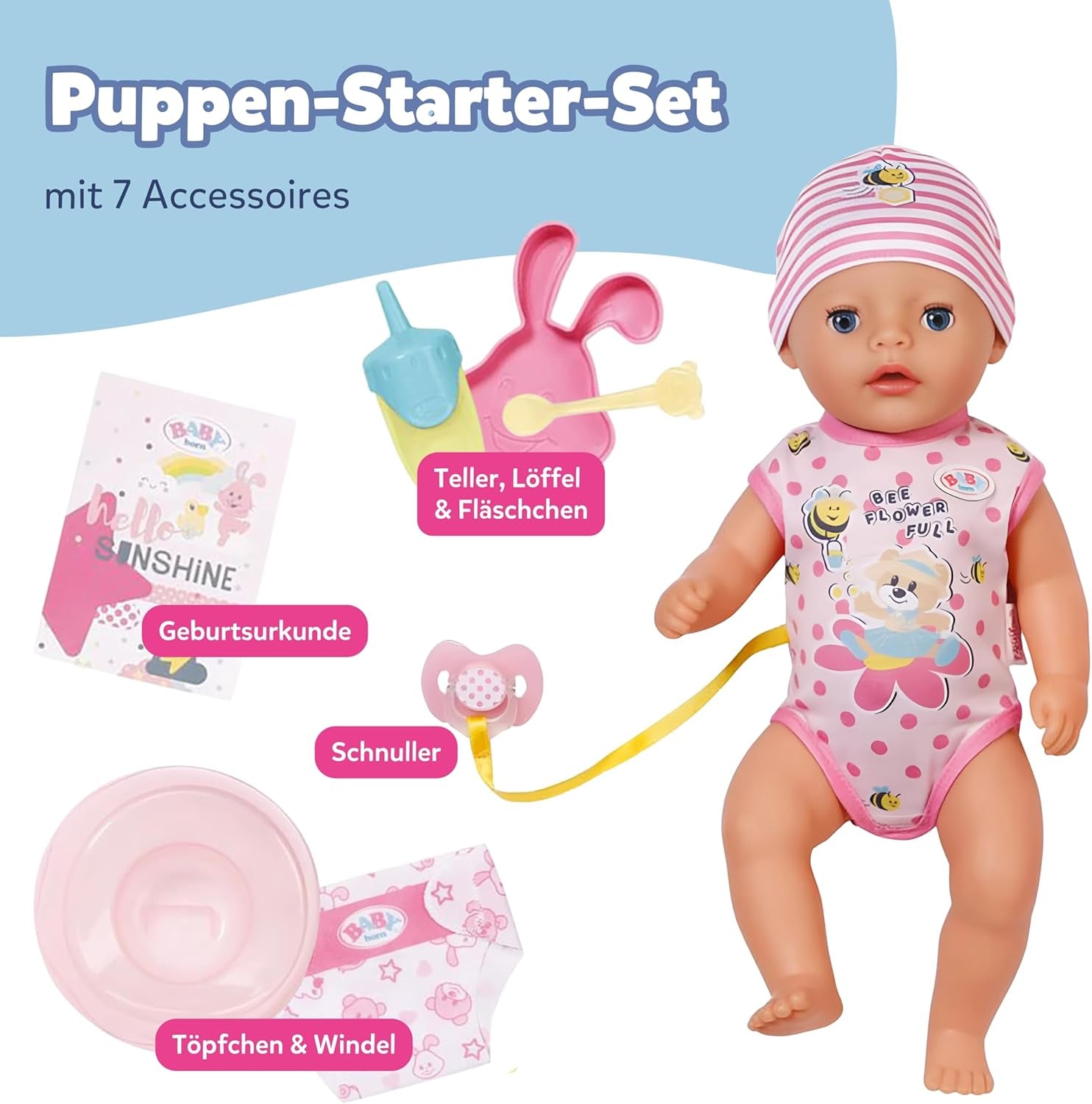 Păpușă bebelușă Baby Born Lena (Fetiță) - 36 cm - 7 funcții, inclusiv accesorii și saltea - Funcționează complet fără baterii - Potrivită pentru copii mici de la 1 an
