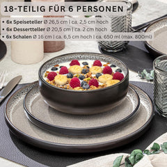 SÄNGER Luxor | Set de veselă din gresie, 18 piese, Set de farfurii pentru 6 persoane, Set de veselă (6 farfurii de cină, 6 boluri pentru cereale, 6 farfurii pentru desert), Veselă maro-bej rezistentă la zgârieturi | COLECȚIA VALUE