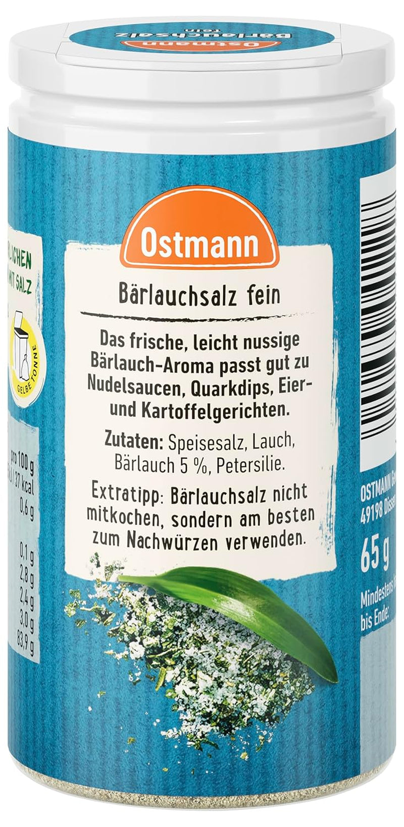 Ostmann Gewürze - Bärlauchsalz | Ideel til Herzhaften Gemüse eller Fleischgerichten Recyclebare, nachfüllbare Streudose | 65 g i Streuer