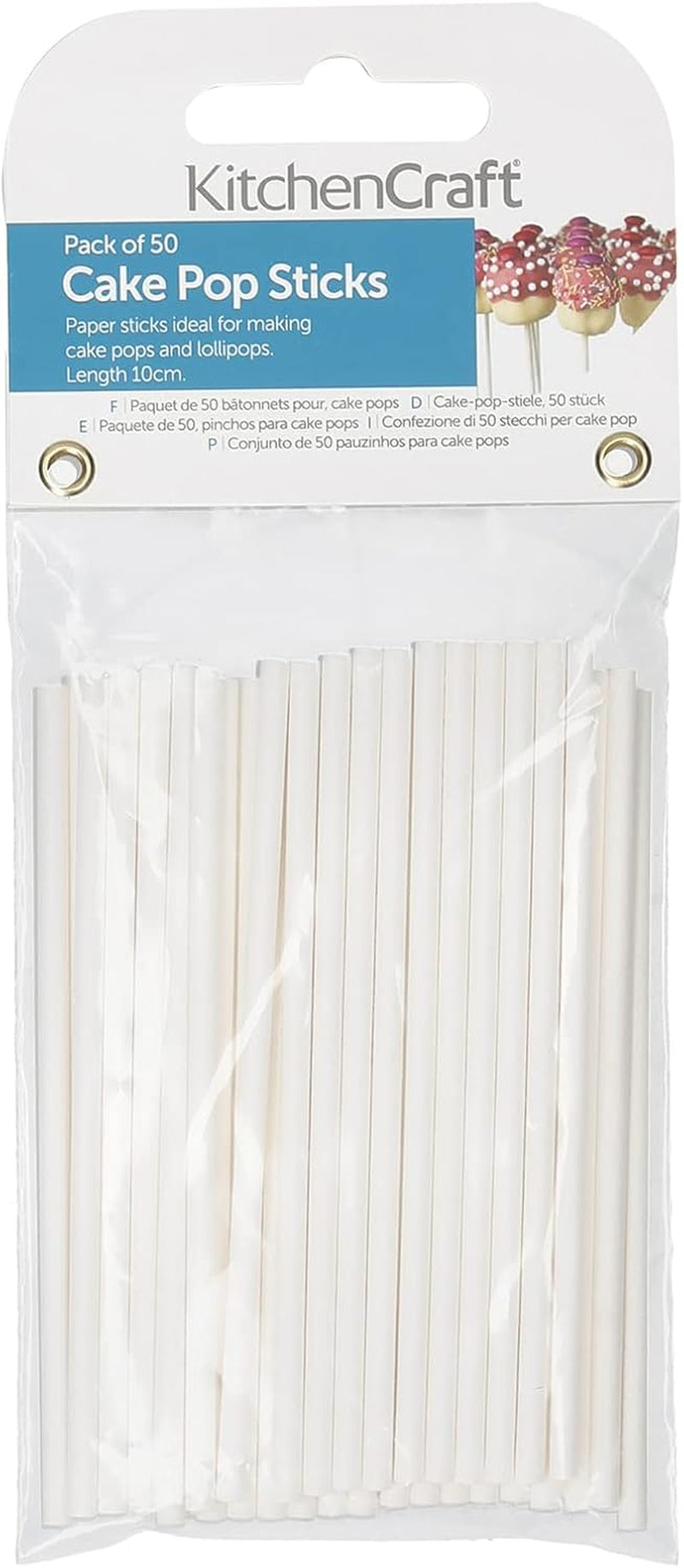 Bețișoare mici de hârtie pentru tort KitchenCraft Sweetly Does It CakePops [50 bucăți] - 10 cm - Albe - Bețișoare pentru tort