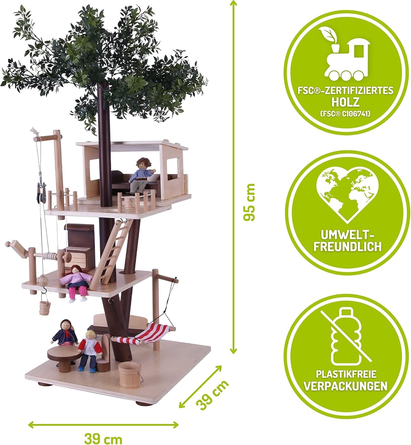 Everearth Wooden Treehouse - Dukkehus til børn 3+ - Bæredygtigt legehus med tilbehør - Fsc®-certificeret - Perfekt trælegetøj til fantasifuld leg - Dukkehusmøbler EE33767 Naty Shop Dukkehuse