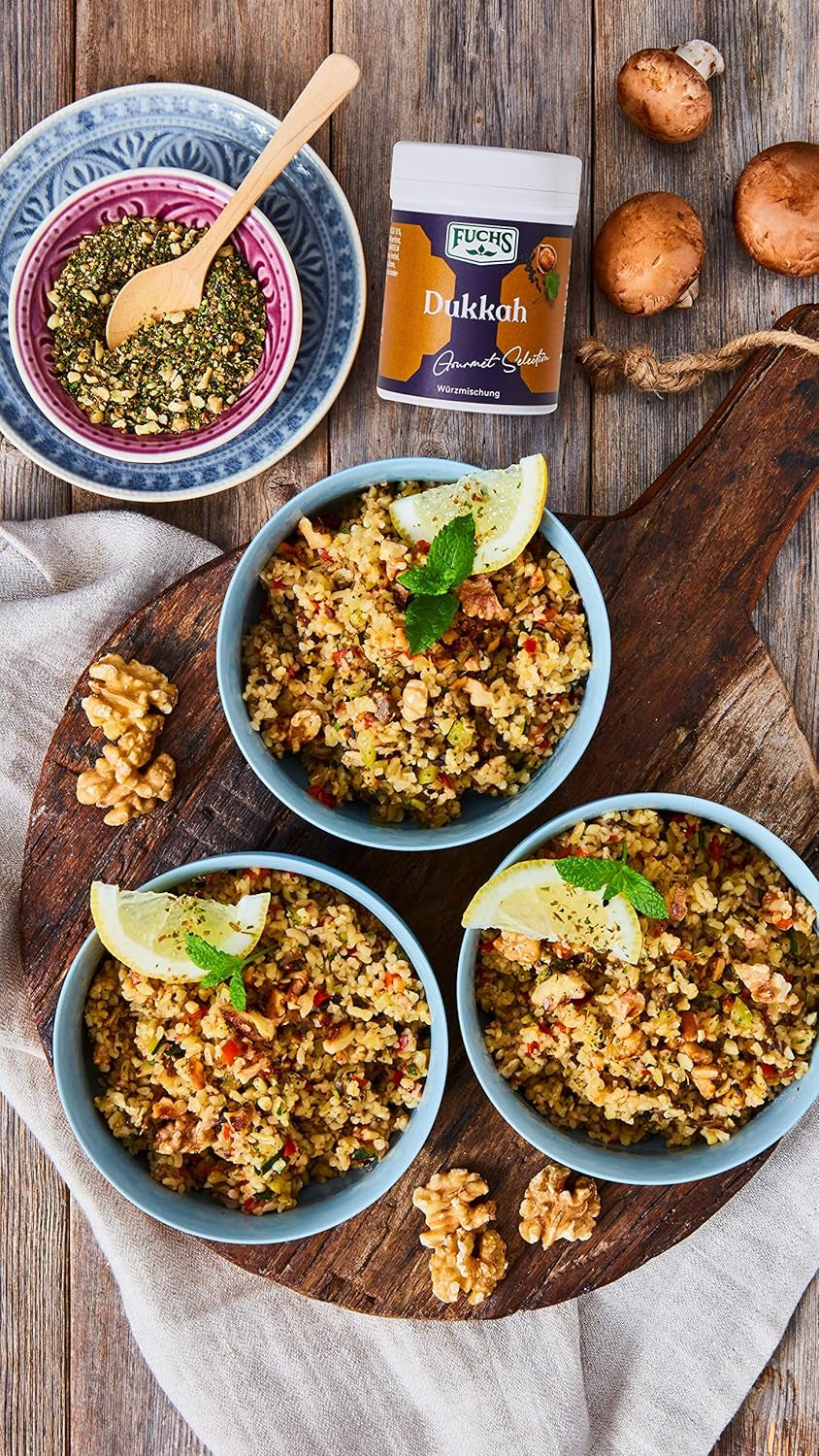 Fuchs Gewürze Gourmet Selection Naher Osten-Afrika – Dukkah Gewürzmischung, nachfüllbarer Gewürz Mix, zum Verfeinern von Fisch und Lamm, vegansk, 50 g