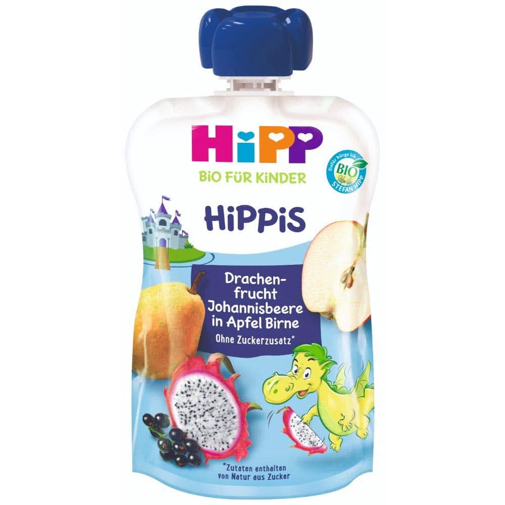 Hipp Super-Hippis-presseposer, granatæble-acerola i æble-hindbær, 100% økologisk frugt uden tilsat sukker, 6 poser á 100 g Mor og barn Naty Shop 6 x 100 gram Dragefrugt, æbler, pærer
