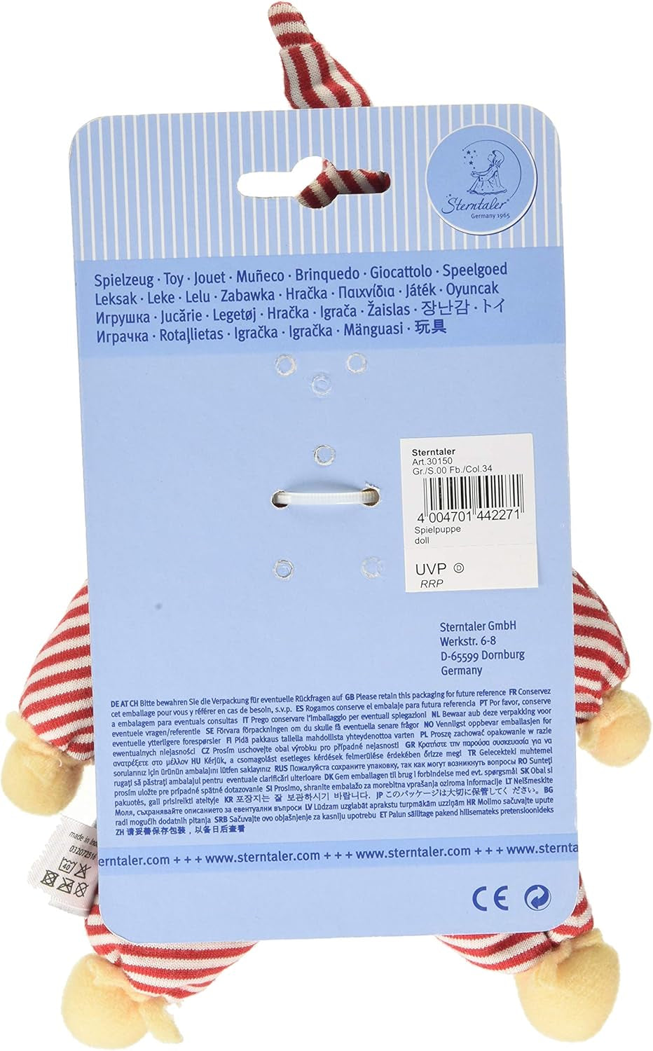 Sterntaler 3015034 Păpușă de joacă Heiko, zornăitor integrat, vârstă: pentru bebeluși de la naștere, 23 cm, roșu/alb | 1 pachet Jucarii Bebe Naty Shop