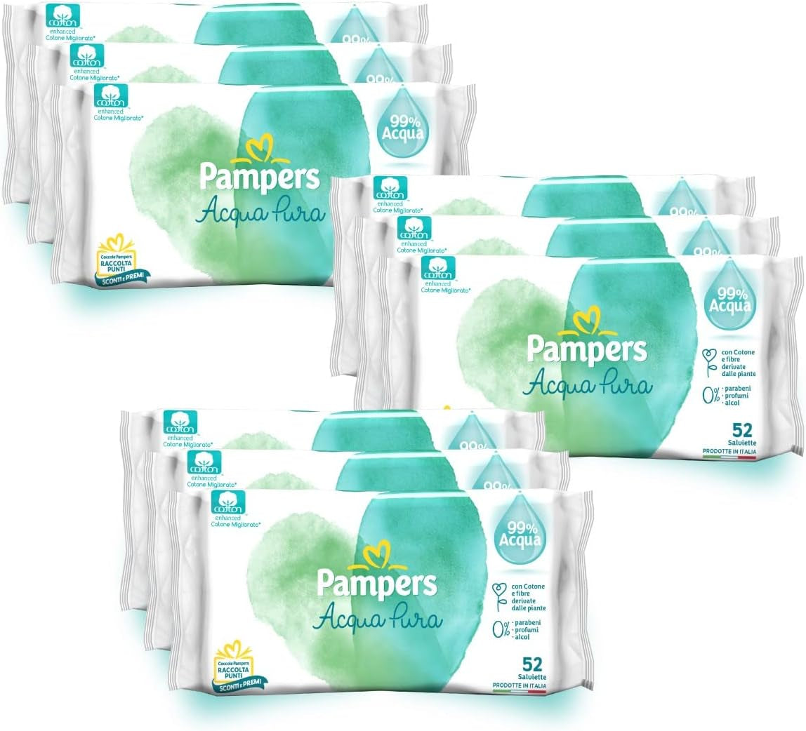 Pampers Acqua Pura babyservietter 468 count (3 pakke) - 99% vand, 100% bomuld, 0% plastik, alkohol og parabener - ideelle renseservietter til følsom hud, fugtig, uden tilsatte ingredienser