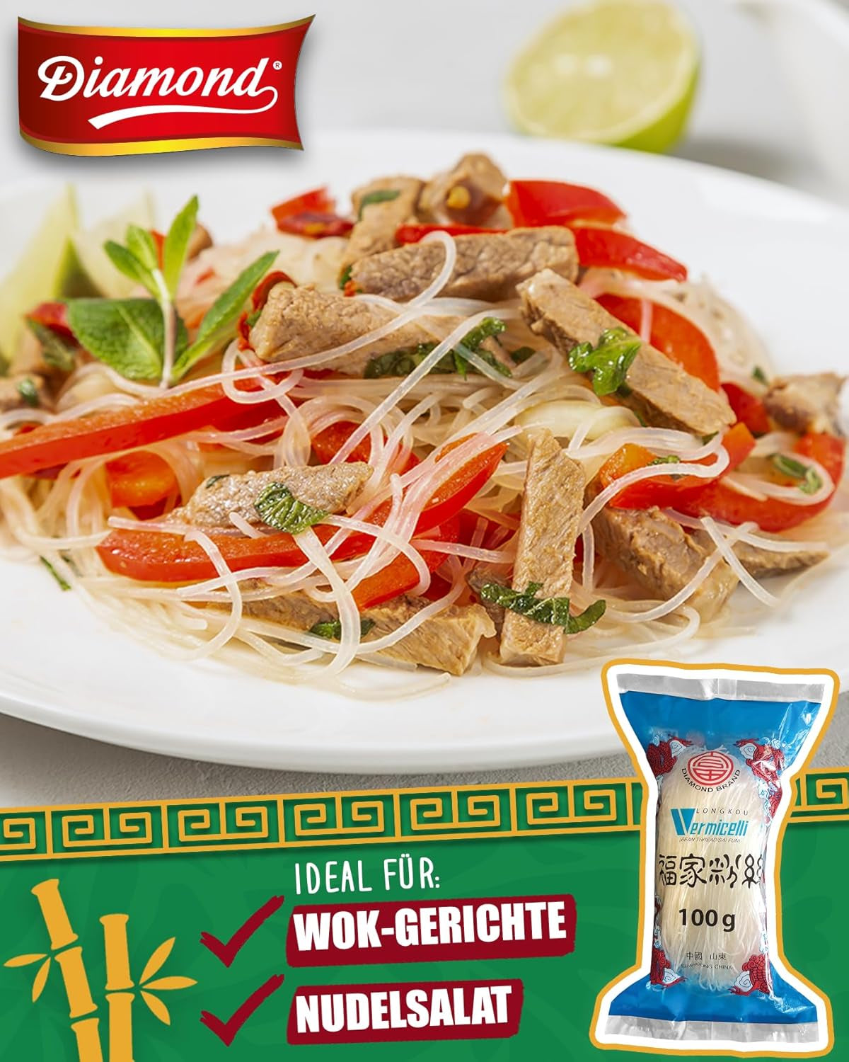 DIAMOND glasnudler, lange glasnudler, naturligt veganske og glutenfri - 1 x 100 g