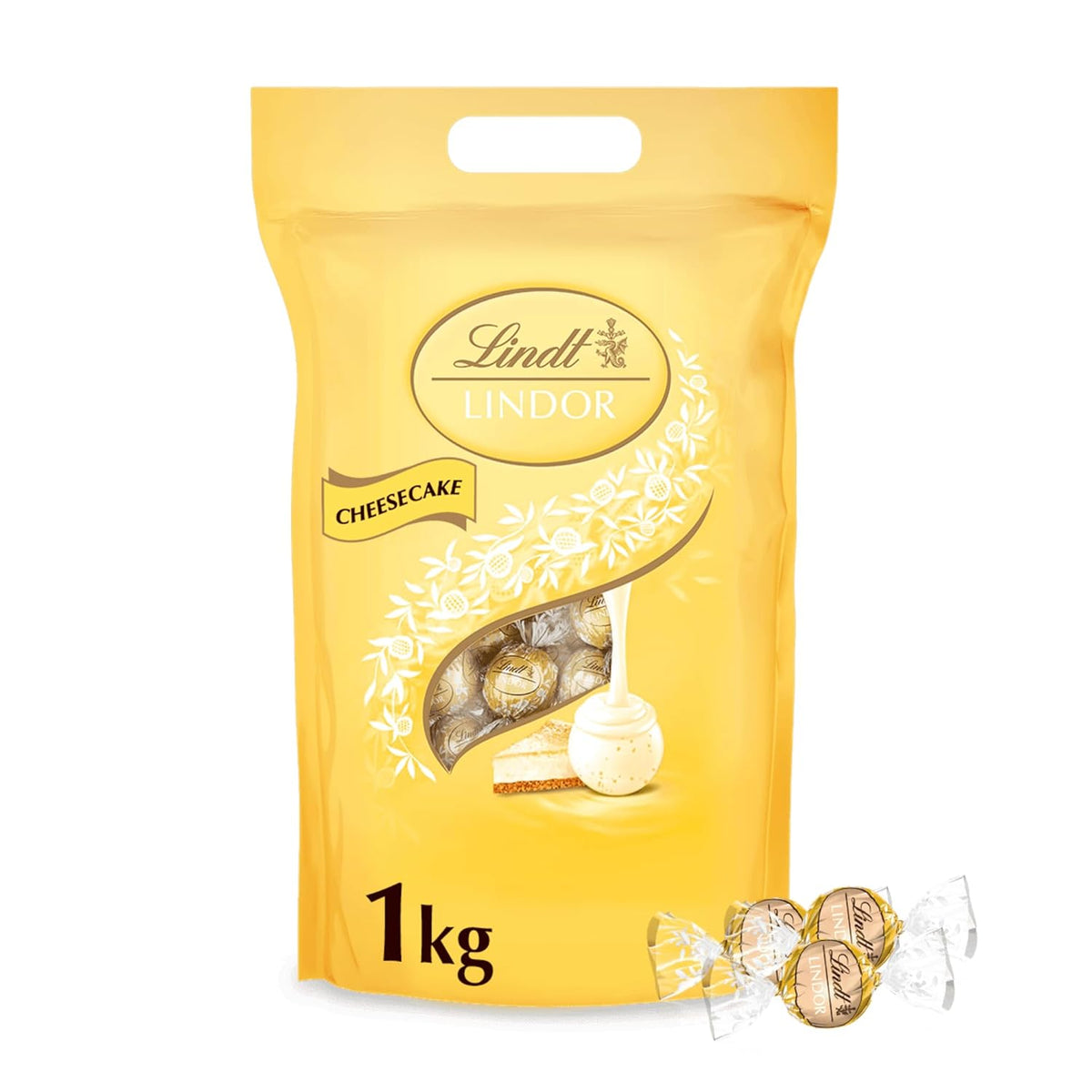 Lindt Chokolade | LINDOR Cheesecake Taske | 1 kg | 80 hvide mælkechokoladekugler med ostekagefyld, smeltet i munden | Gave af chokolade at dele