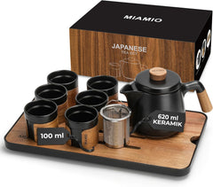 MIAMIO - Set de ceai japonez/chinezesc 6 x 100 ml / Ceainic asiatic 620 ml cu infuzor de ceai, Set tradițional japonez de ceainic pentru iubitorii de ceai/bărbați/femei (negru)