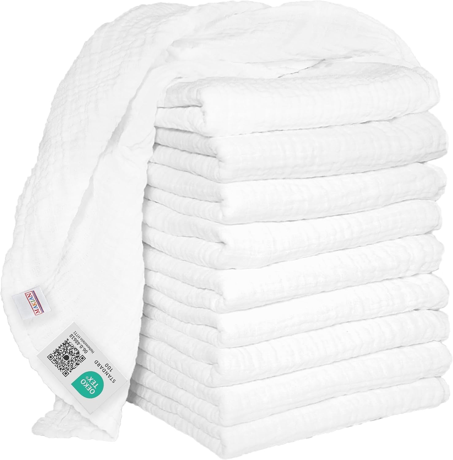MAKIAN Muslin Squares, Pakke med 10, 80x80 cm, Oeko-TEX® Standard 100 Certified, 10 Premium Burp Cloths - Dobbeltvævede Stof Firkanter / Muslin Squares, Kog resistent - Hvid