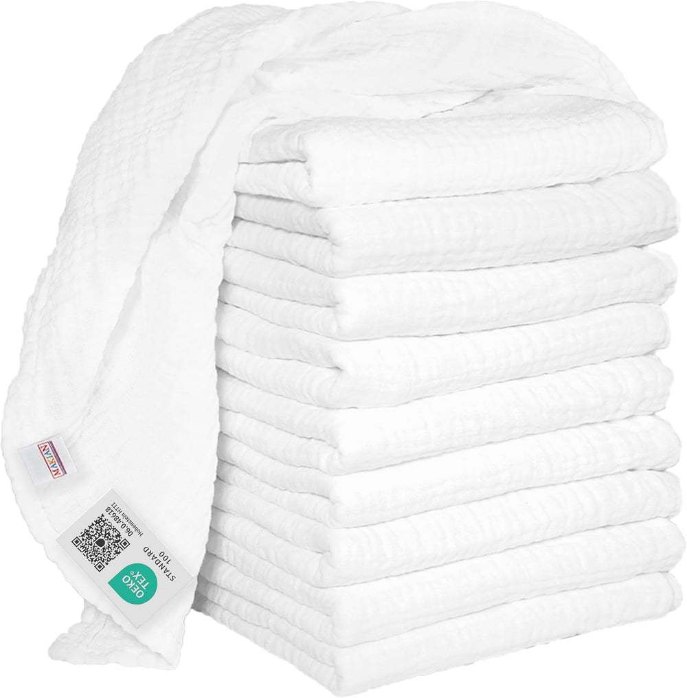 MAKIAN Muslin Squares, Pakke med 10, 80x80 cm, Oeko-TEX® Standard 100 Certified, 10 Premium Burp Cloths - Dobbeltvævede Stof Firkanter / Muslin Squares, Kog resistent - Hvid