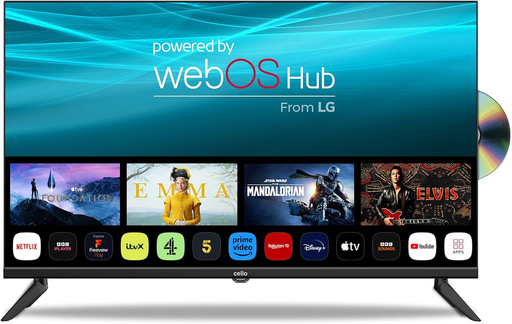 Televizor inteligent Cello C2224WSH de 22 de inci, fără ramă, alimentat de la rețea, LG WebOS, Freeview Play, FreeSat, Bluetooth, difuzoare Pitch Perfect, ideal pentru bucătărie, dormitor sau camere mici