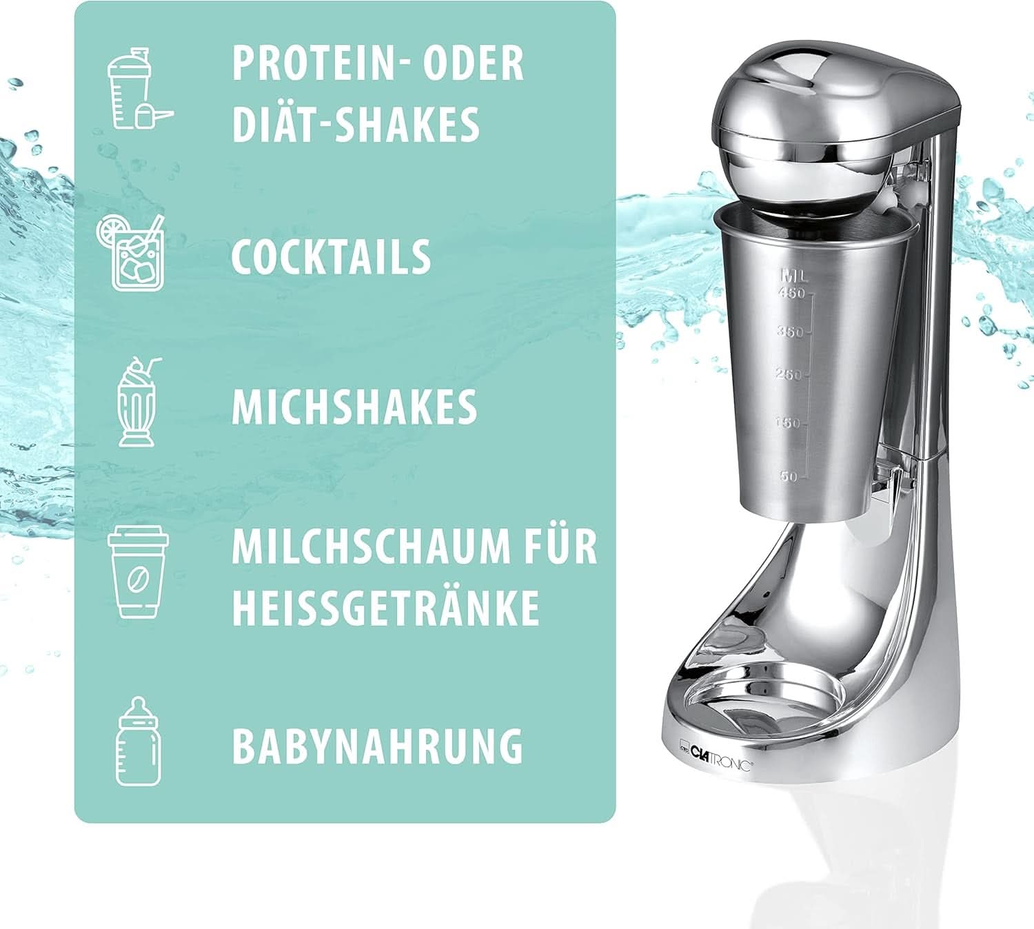 Clatronic® Barmixer U. Milchaufschäumer | Smoothiemaskine | 650Ml Edelstahlbehälter | Praktischer Becherhalter | Blander | 2 Geschwindigkeitsstufen | Kraftvoller 65 Watt Motor | Chromdesgin | BM 3472 Køkken Naty Shop