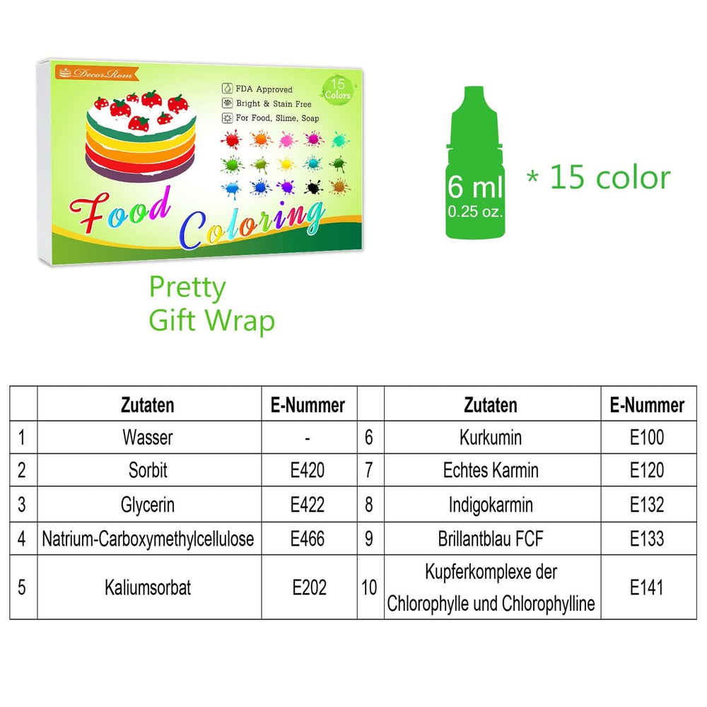 Sæt med 15 flydende madfarver, 6 ml hver farve Naty Shop