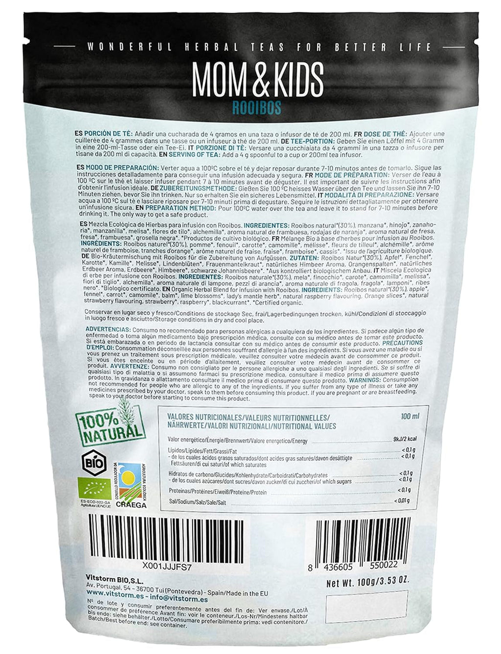 VITSTORM® BIO TEE Mom &amp; Kids – Ceai pentru femei și alăptare – Rooibos, mere, fenicul, melisă, alchemilla, căpșuni – Ceai relaxant - Fructat și delicios - Fără cofeină - Ceai din plante 100 g