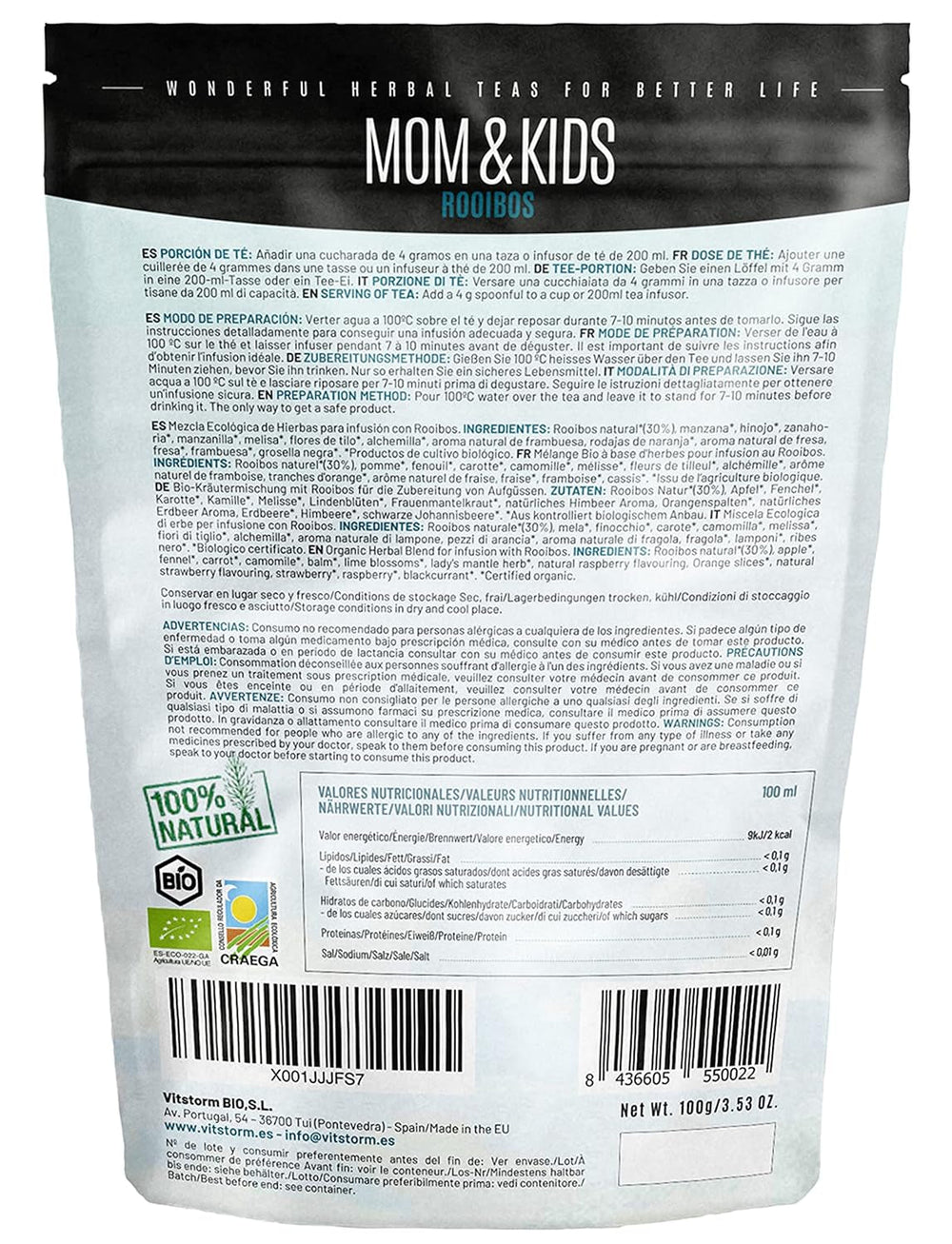 VITSTORM® BIO TEE Mom &amp; Kids – Ceai pentru femei și alăptare – Rooibos, mere, fenicul, melisă, alchemilla, căpșuni – Ceai relaxant - Fructat și delicios - Fără cofeină - Ceai din plante 100 g