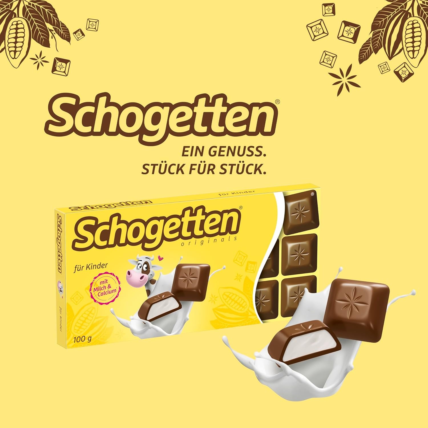 Schogetten til børn, chokoladebar 100g, mælkechokolade med cremet mælkefyld, praktisk portionsanrettet. En delikatesse. Stykke for stykke.