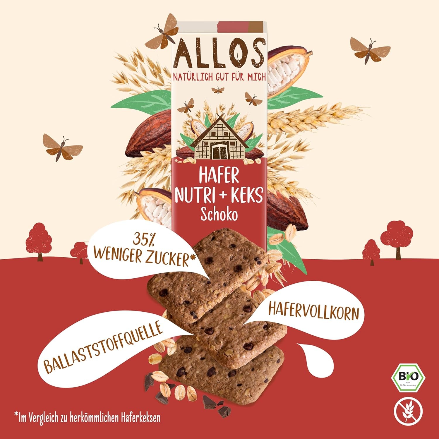 Biscuiți cu ovăz și ciocolată bio Allos | Biscuit crocant cu ovăz integral și ciocolată | Îndulciți cu miere | 6 x 130 g