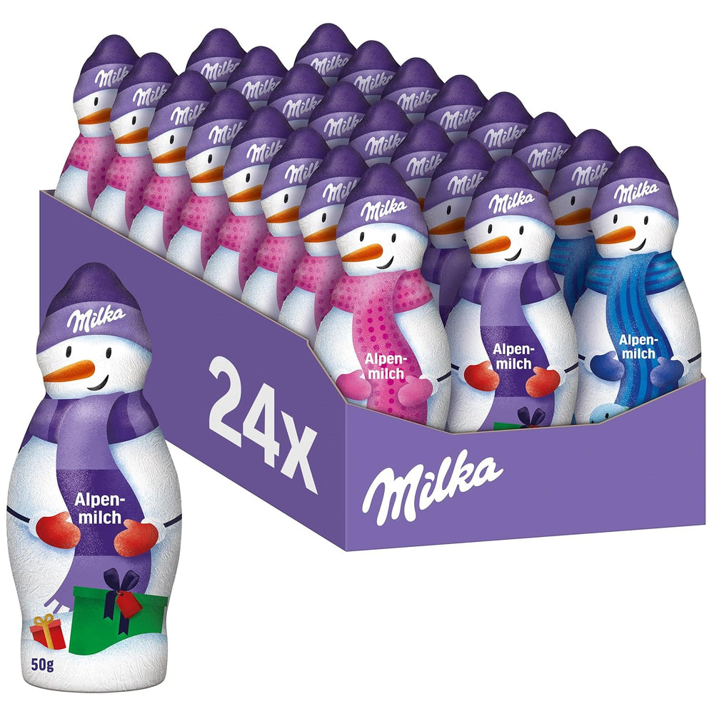 Milka Snowman Alpine Milk - Stor pakke chokolade snemandsfigurer i 3 modeller - 24 x 50g