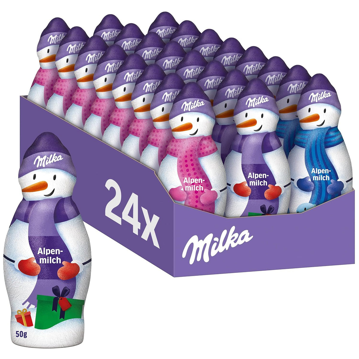 Milka Snowman Alpine Milk - Stor pakke chokolade snemandsfigurer i 3 modeller - 24 x 50g