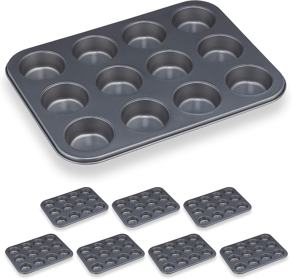 Relaxdays Muffinform, 2Er Set, 12Er Muffinbleche, Antihaftbeschichtet, Carbonstahl, Muffins & Cupcakes, Ø 6,5 Cm, Grau, 10030825 Matrite si tavi pentru copt Naty Shop 2