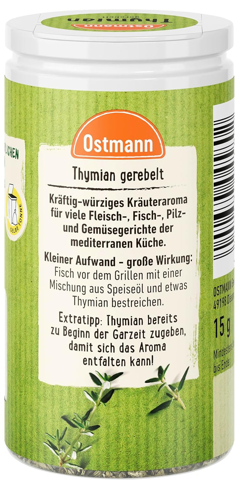 Ostmann Timian gerebelt 15 g Timian-Gewürz für viele Fleisch-, Fisch-, Pilz-, und Gemüsegerichte der Mediterranen Küche, Beløb: 1 Stück