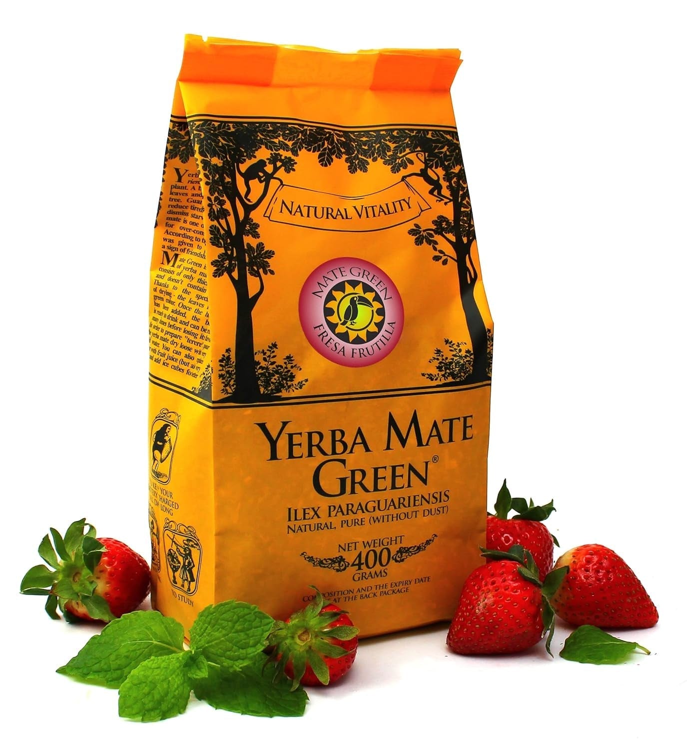 Yerba  „Fresa Frutilla” 400 g | Ceai argentinian de mate cu fructe de căpșuni, mentă, lemongrass și fructe de soc | Ingrediente naturale | Frunze verzi de mate | 50 g El Pajaro