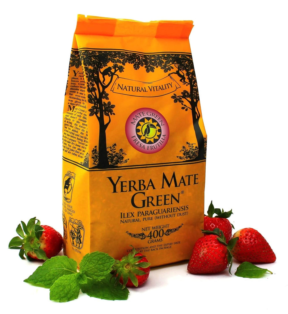 Yerba  „Fresa Frutilla” 400 g | Ceai argentinian de mate cu fructe de căpșuni, mentă, lemongrass și fructe de soc | Ingrediente naturale | Frunze verzi de mate | 50 g El Pajaro