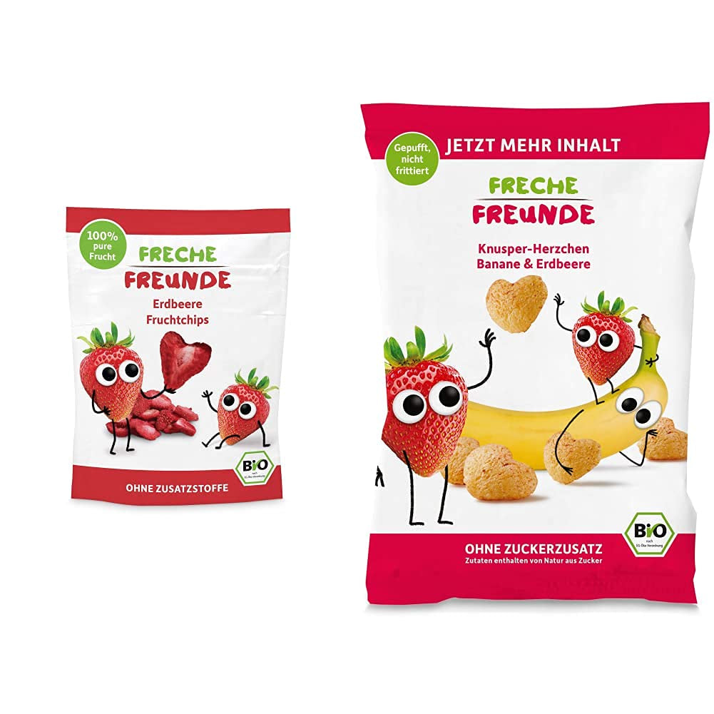 100 % Jordbær økologiske frugtchips frysetørrede jordbærchips Pakke med 12 (12 x 12 g) og sprøde hjerter Banan & Jordbær økologisk børne- og babysnack (9 x 30 g) 270 g