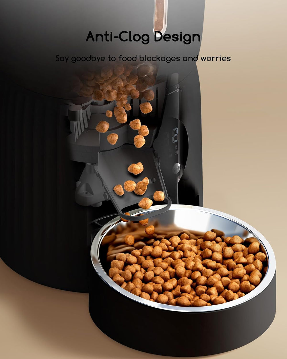 Faroro Futterautomat Katze, 4L Katzenfutter Automat, Futterspender Katze Mit 1–6 Mahlzeiten Per Tag, Portionskontrol, 10s Sprache, Langsames Füttern (Schwarz)